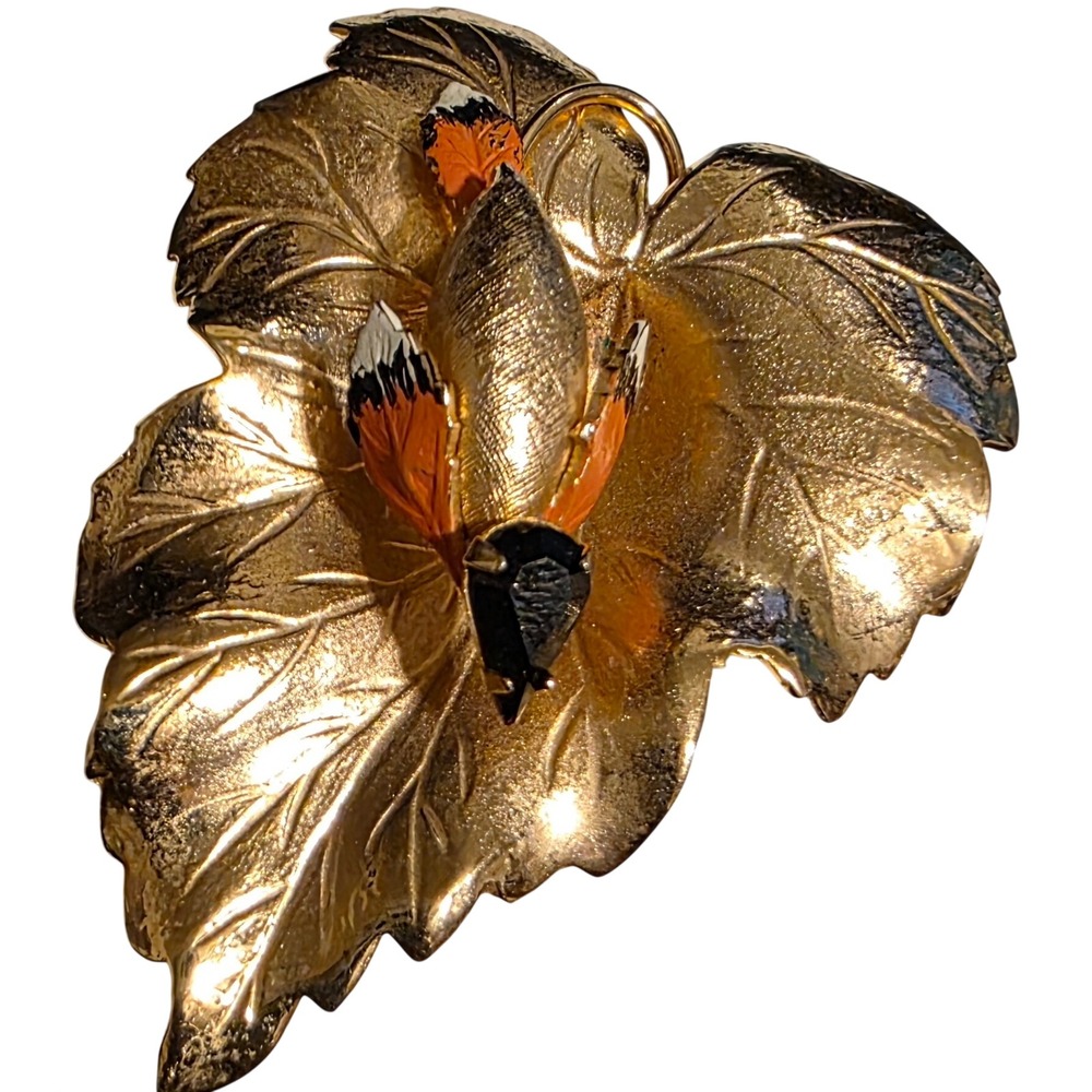 VTG Hobe Gold Tone Leaf Bird Resting Brooch Pin Orange Black Enamel